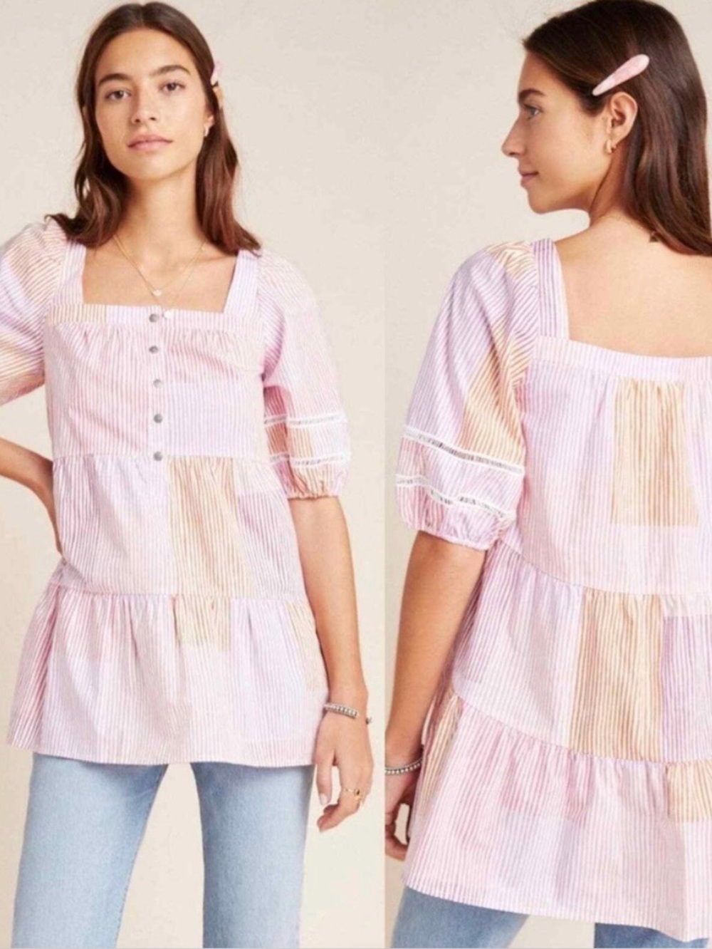 Antrophology Maeve Gable Tiered Tunic Pink Striped Square-Neck